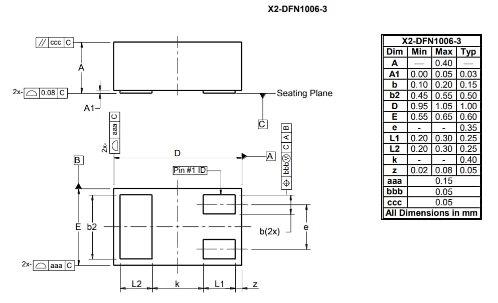 Technische Zeichnung - Diodes Incorporated DMN3732UFB4 MOSFET mit N-Kanal-Anreicherungsmodus